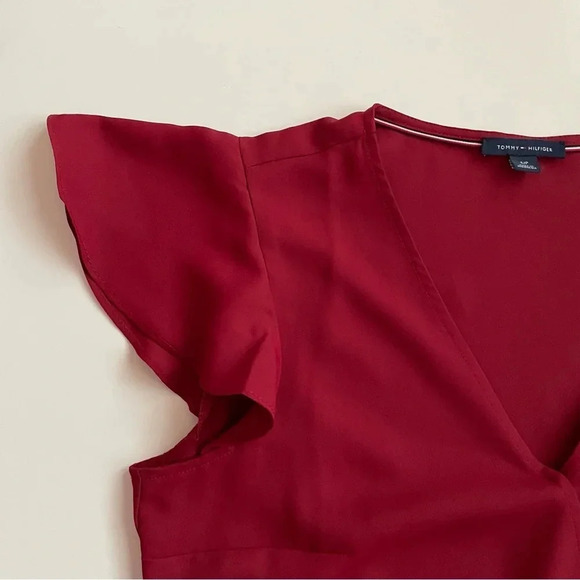 Tommy Hilfiger Red Maroon Burgundy Size S Peplum Wrap Flowy Blouse Top Christmas - Picture 8 of 16